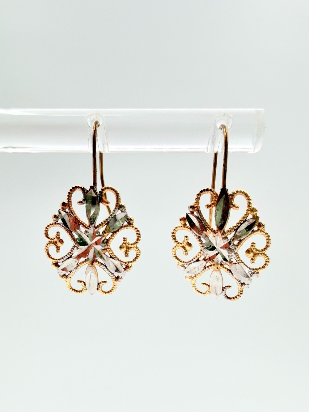 10K Two-Tone Gold Filigree Dangle Earrings Diamond-Cut Floral Design